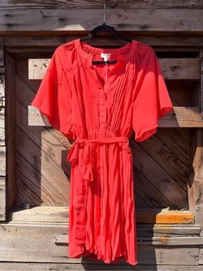 Umgee Coral-Red Tie-Waist Pleated Mini Dress